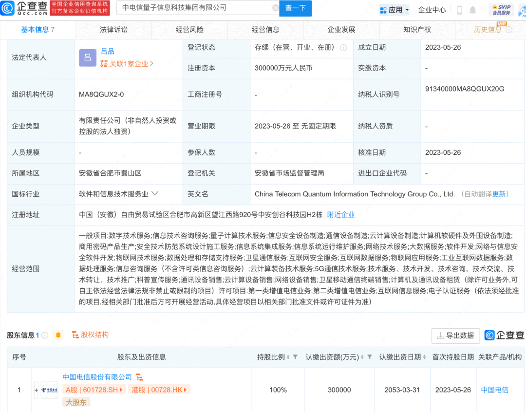 中国电信30亿成立量子信息科技公司